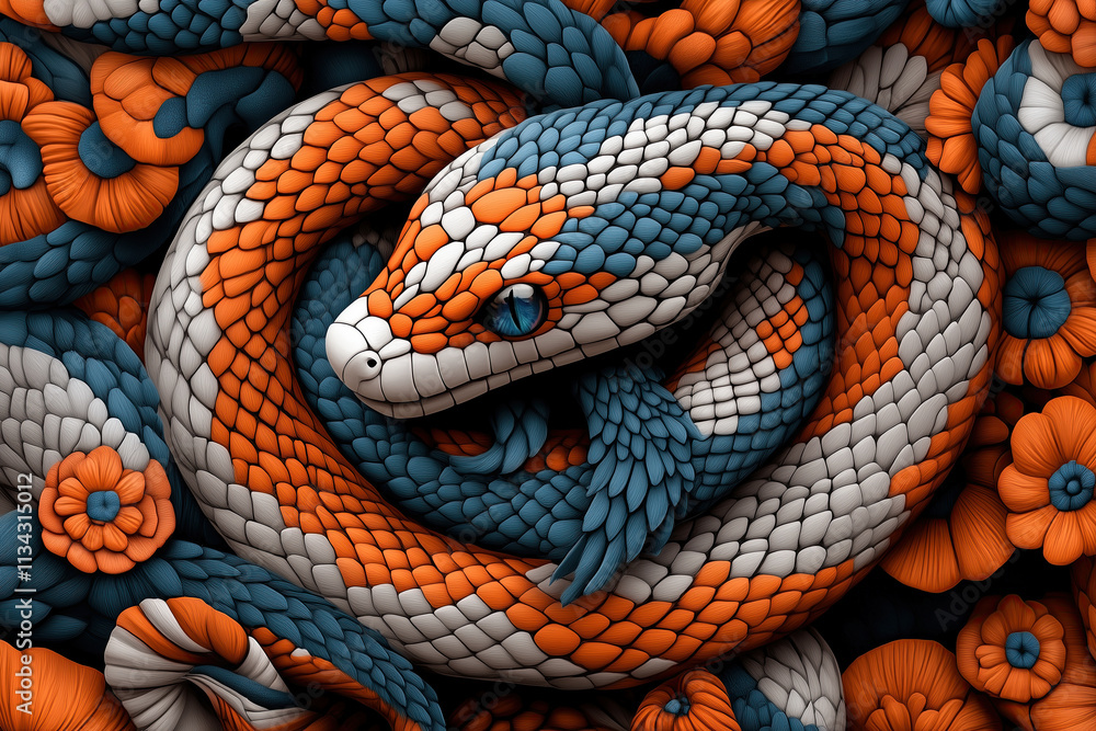 Fototapeta premium Illustration of an orange, white, and blue snake with scales that resemble flowers.