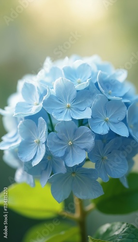 Close-Up of Delicate Pale Blue Hydrangea Blossom with Dew Drops