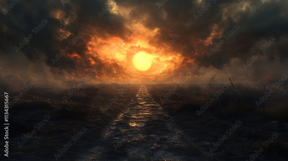 Fototapeta premium Dramatic Sunset Over Stormy Ocean Path Leading Into Horizon