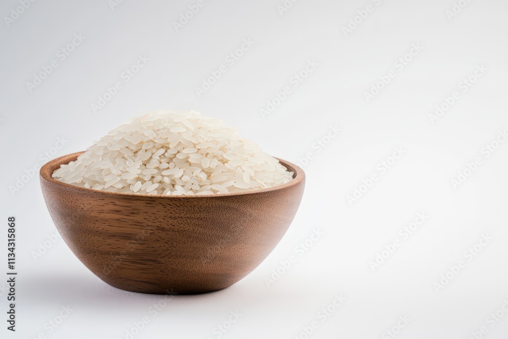 Bowl of white rice placed on a clean white background in a minimalistic setting Bowl of white rice placed on a clean white background in a minimalistic setting