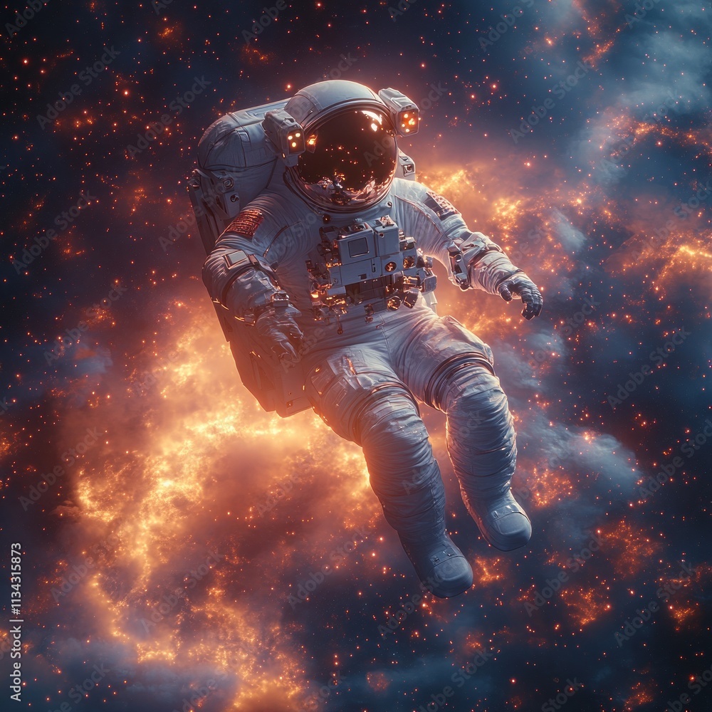 Fototapeta premium An astronaut floating in a cosmic scene filled with vibrant colors and celestial elements.