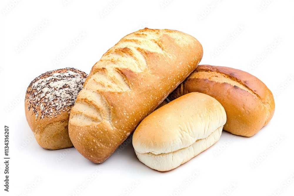 Freshly baked bread assortment on a clean white background for culinary delights Freshly baked bread assortment on a clean white background for culinary delights