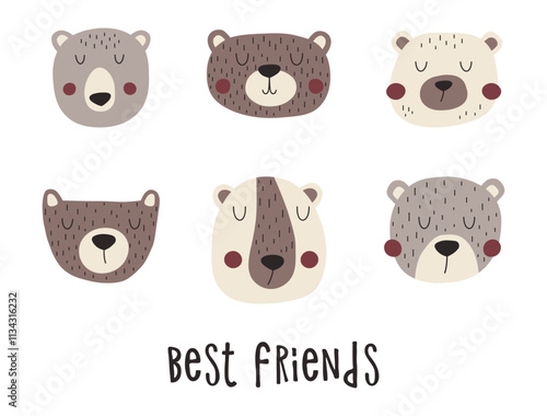 Wild forest bears set. Funny bear faces with lettering for postcards and posters. Perfect for a cute t-shirt design.