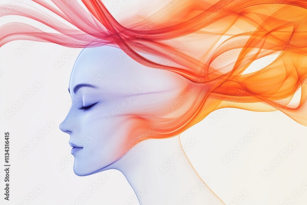 Abstract face, swirling lines, orange, blue, white background. Abstract face, swirling lines, orange, blue, white background.