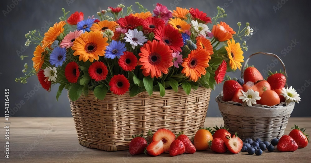 Fresh flowers in full bloom consisting of gerbera daisies and alstroemeria accompanied by a basket of fresh strawberries and blueberries , colorful, garden Fresh flowers in full bloom consisting of gerbera daisies and alstroemeria accompanied by a basket of fresh strawberries and blueberries , colorful, garden