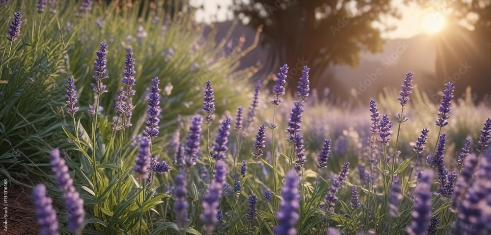 Obraz premium Soft petals of lavender unfold in the morning light amidst delicate foliage, nature, blue, lavender