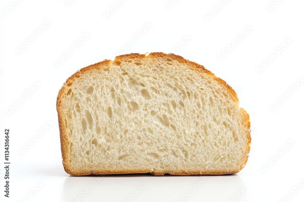 Freshly baked slice of clean bread on a white background highlighting texture and color Freshly baked slice of clean bread on a white background highlighting texture and color