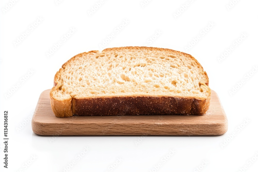 Freshly baked bread slice on wooden board isolated on a clean white background Freshly baked bread slice on wooden board isolated on a clean white background