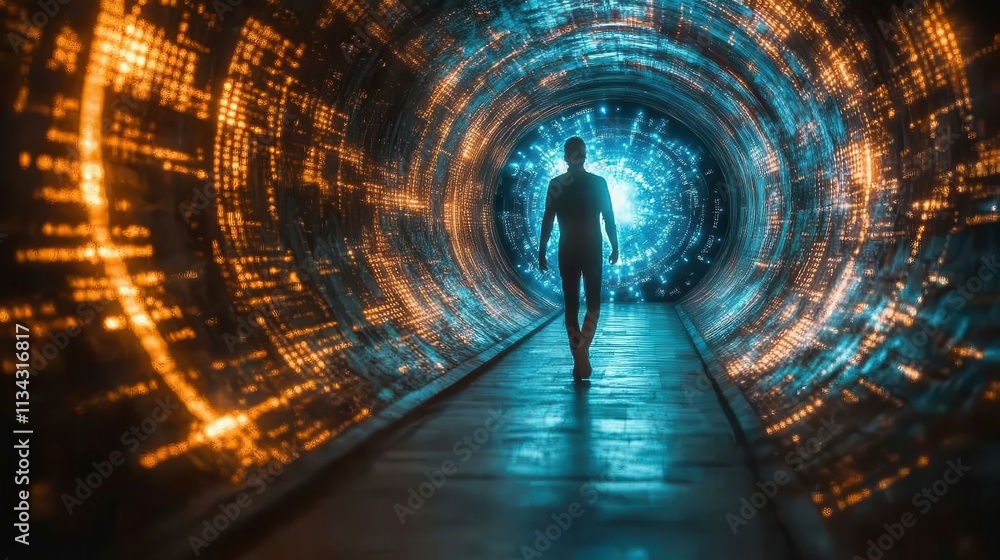 Silhouette Walking Through Futuristic Digital Tunnel
Silhouette Walking Through Futuristic Digital Tunnel