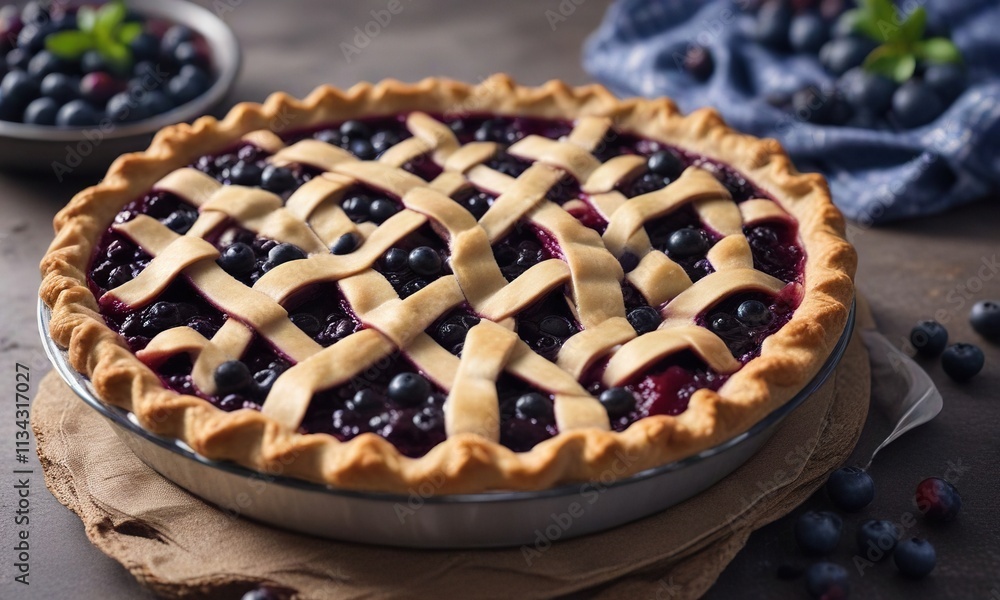 Lattice topped blueberry pie with a side of fresh berries , blue, baking Lattice topped blueberry pie with a side of fresh berries , blue, baking