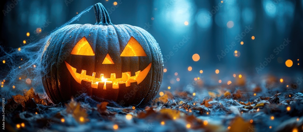 Glowing Jack-o'-lantern in spooky forest at night. Glowing Jack-o'-lantern in spooky forest at night.