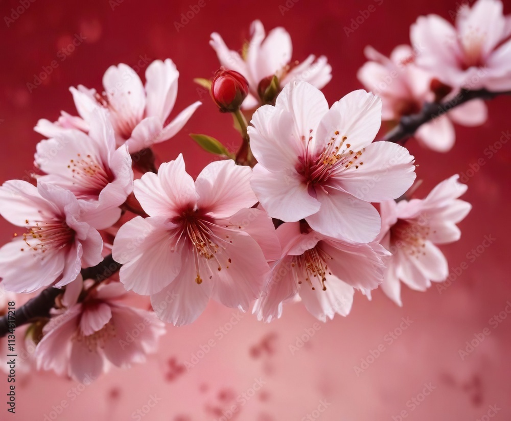 A delicate cherry blossom with pale pink petals against a vibrant red background, flowers on paper, leafy greens A delicate cherry blossom with pale pink petals against a vibrant red background, flowers on paper, leafy greens