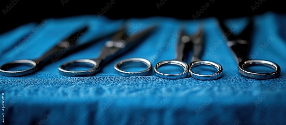 Close-up of surgical scissors on blue drape. Close-up of surgical scissors on blue drape.