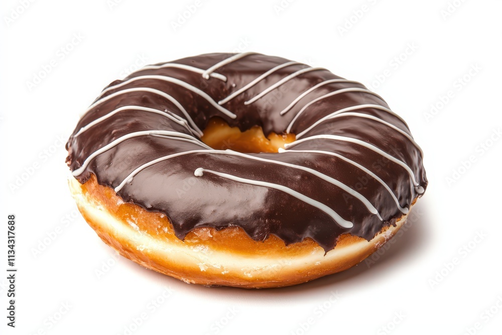 Delicious chocolate glazed donut with white icing on a bright background Delicious chocolate glazed donut with white icing on a bright background