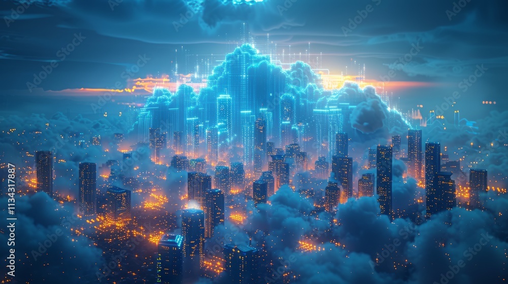 Obraz premium Glowing futuristic city emerging from clouds.