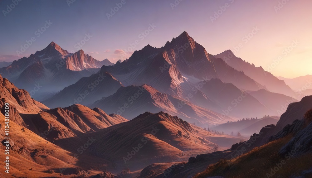 Fototapeta premium Mountain scenery at dusk with a compressing effect to emphasize the layers , turquoise sky, valleys, mountain scenery