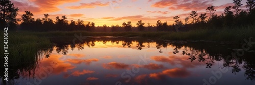 Reflection of a sunset over a still and quiet wetland surface, serene, calm