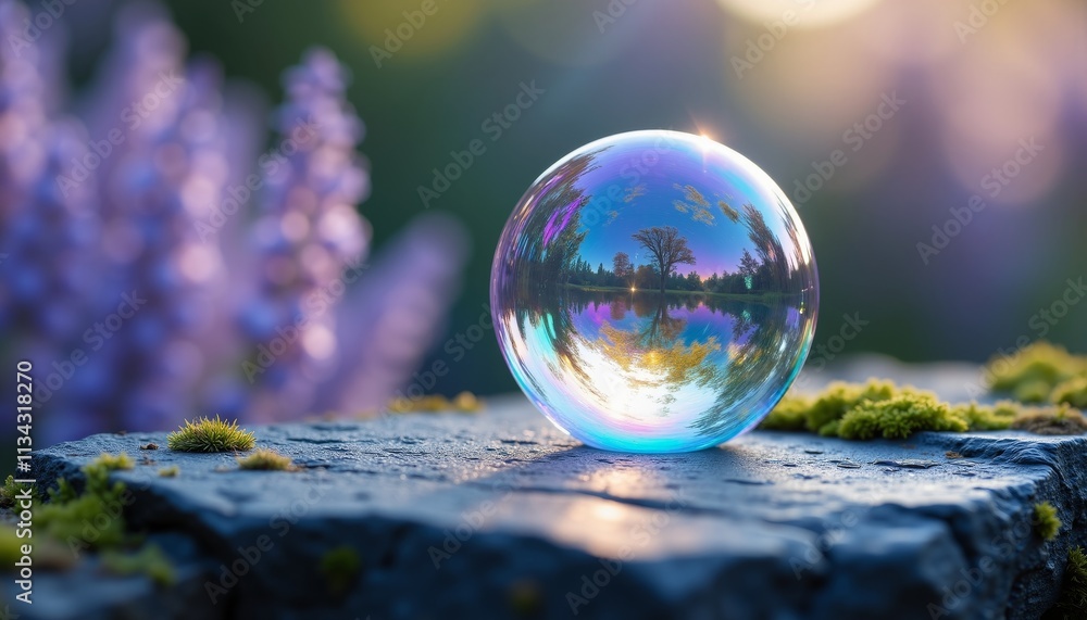 Iridescent Soap Bubble Resting on Dark Slate Stone in a Serene Garden Iridescent Soap Bubble Resting on Dark Slate Stone in a Serene Garden
