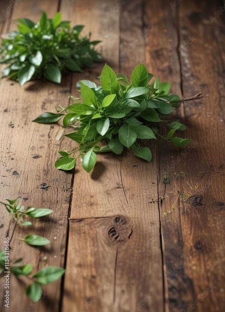 A sprig of fresh green leaves on a rustic wooden table with a soft focus effect, branches, brown A sprig of fresh green leaves on a rustic wooden table with a soft focus effect, branches, brown