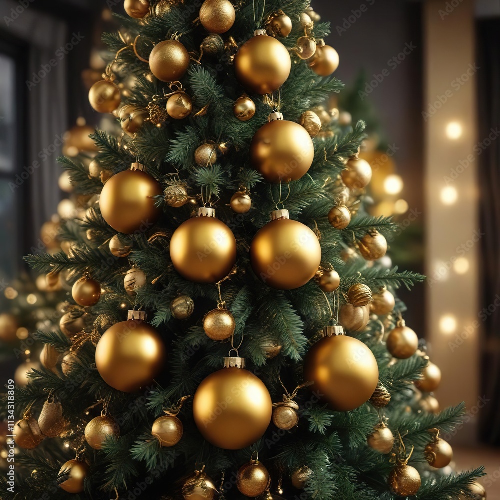 Black and gold Christmas baubles wrapped around a beautifully decorated fir tree, holiday, ornaments Black and gold Christmas baubles wrapped around a beautifully decorated fir tree, holiday, ornaments