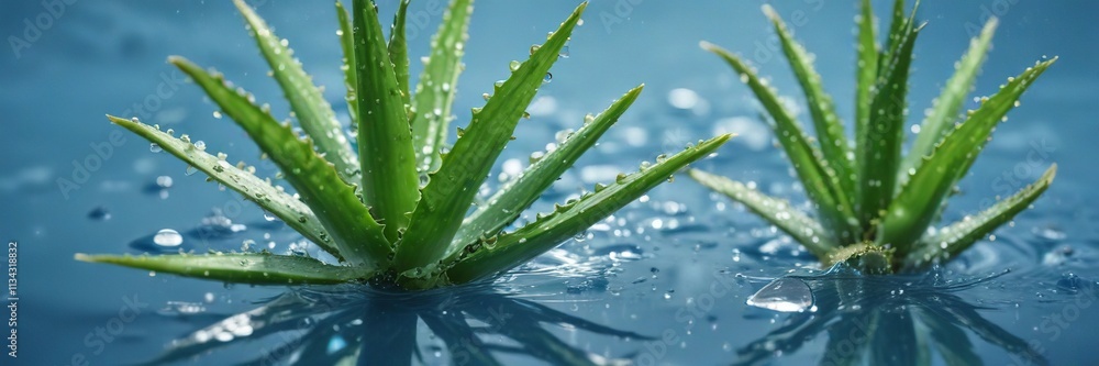 Aloe vera leaves floating on a calm blue surface with tiny droplets of water suspended within their translucent gel, natural, soothing, gel Aloe vera leaves floating on a calm blue surface with tiny droplets of water suspended within their translucent gel, natural, soothing, gel