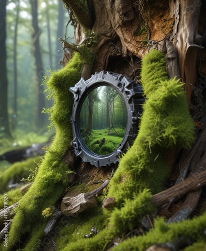 Black metal frame with silver nosepiece placed on moss-covered tree stump, tree stumps, moss covered surface, organic feel photo