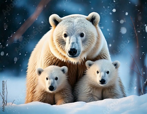 Polar bear mother and her baby cubs walking in snow out of the den. Winter nature and white bears animals in Northern landscape scenery covered with snow. photo