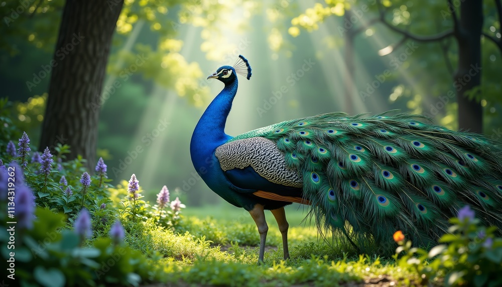 Fototapeta premium Peacock Displaying Iridescent Feathers in Forest