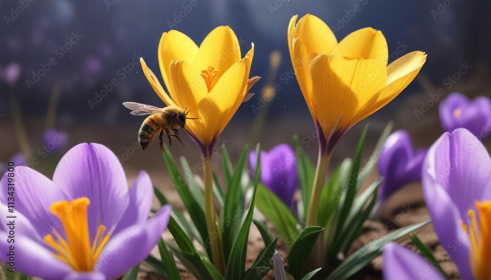 Naklejka premium A single bee flies away from a crocus flower after collecting nectar , insect flight, crocus
