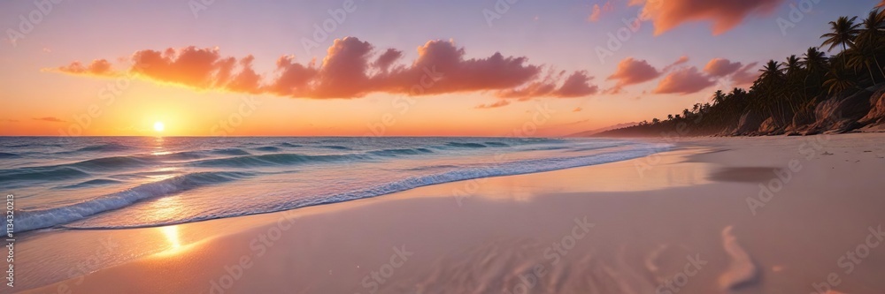 Obraz premium White sand beach with warm orange sunset waves on a clear blue horizon, serene, horizon, sea