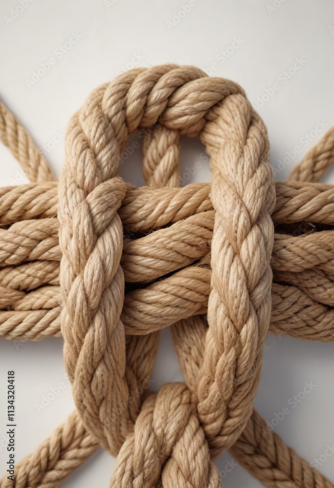 Detailed shot of hemp rope square knot on white canvas , square knot, closeup Detailed shot of hemp rope square knot on white canvas , square knot, closeup