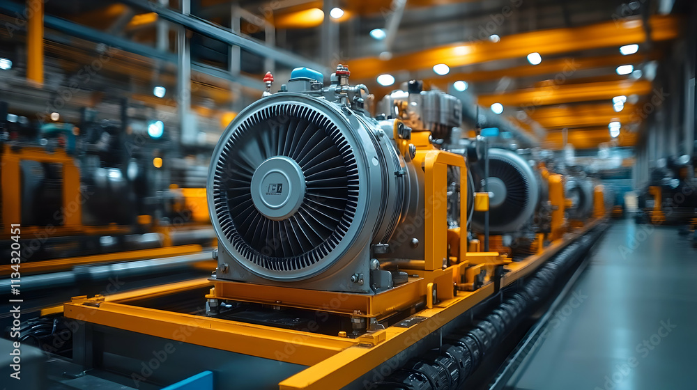 Industrial machinery with engines on a production line in a factory setting. Industrial machinery with engines on a production line in a factory setting.