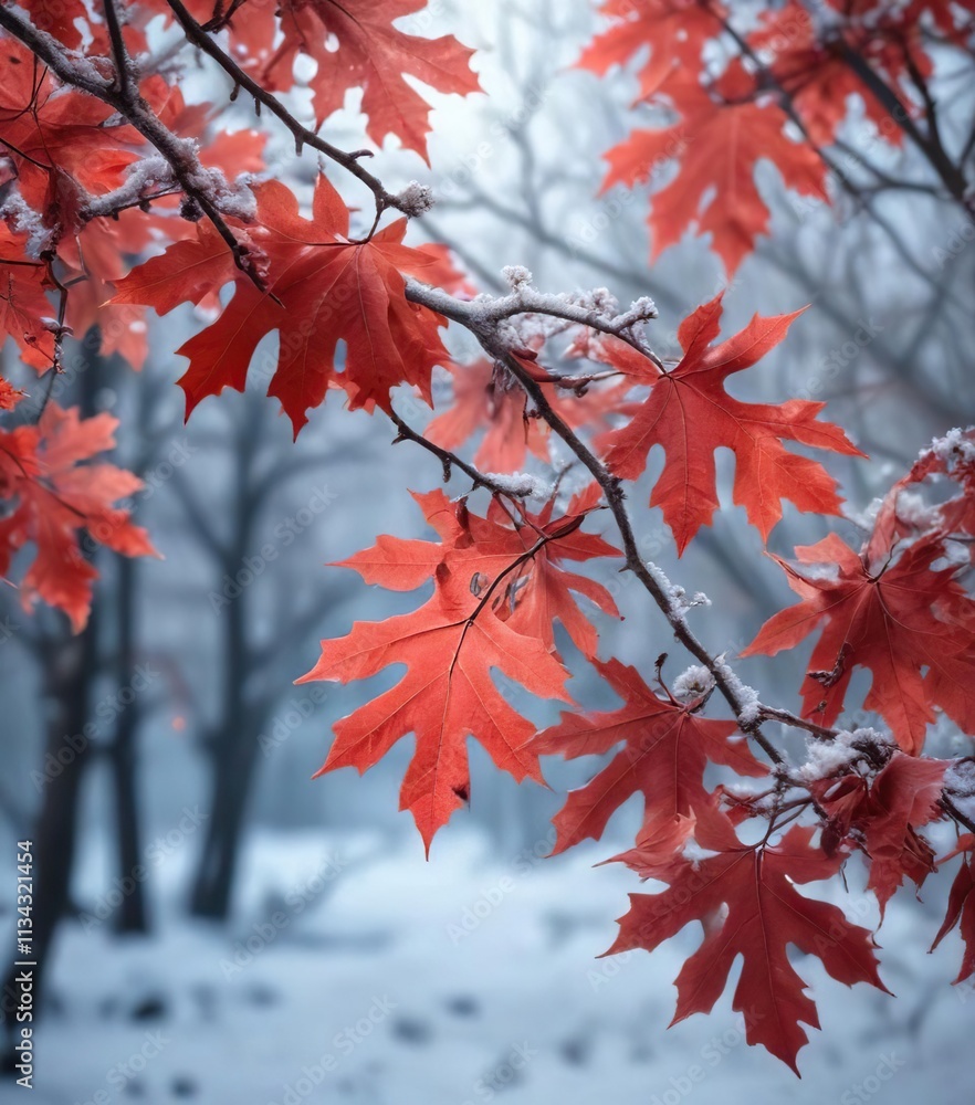 Winter Scene with Frozen Red Oak Leaves and Branches , landscape, red oak Winter Scene with Frozen Red Oak Leaves and Branches , landscape, red oak