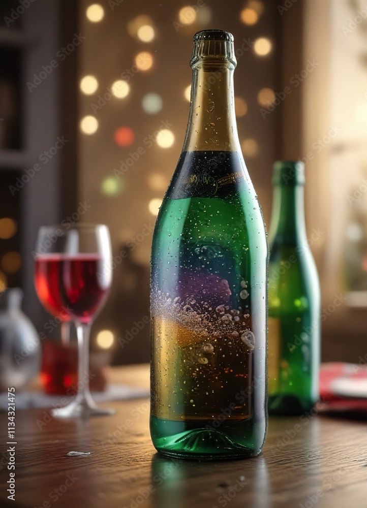 Bubbles rising from a chilled glass bottle on a festive holiday table, bubbles, holiday Bubbles rising from a chilled glass bottle on a festive holiday table, bubbles, holiday