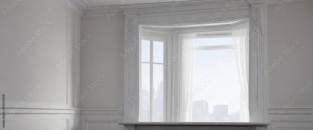 Cornice bianca e nera sulla finestra con un effetto di sfumatura, arredamento, pittura a struttura, interno Cornice bianca e nera sulla finestra con un effetto di sfumatura, arredamento, pittura a struttura, interno