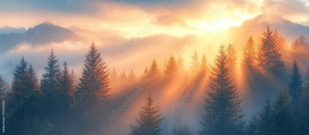 Fototapeta premium Majestic sunrise illuminating misty mountain forest.