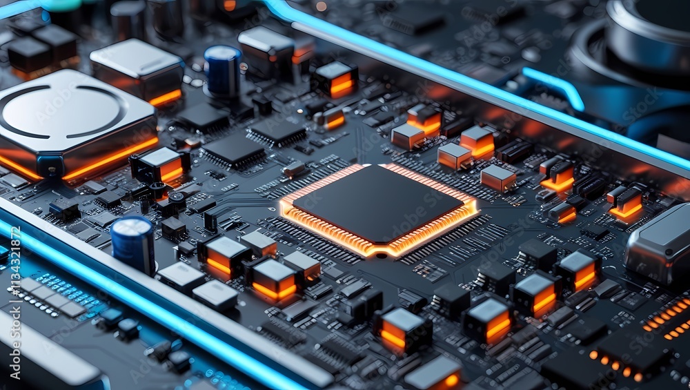 A highly detailed futuristic electronic circuit board with glowing LED elements, advanced microchips, capacitors, and intricate wiring patterns. The illuminated orange and blue neon lights emphasize a A highly detailed futuristic electronic circuit board with glowing LED elements, advanced microchips, capacitors, and intricate wiring patterns. The illuminated orange and blue neon lights emphasize a