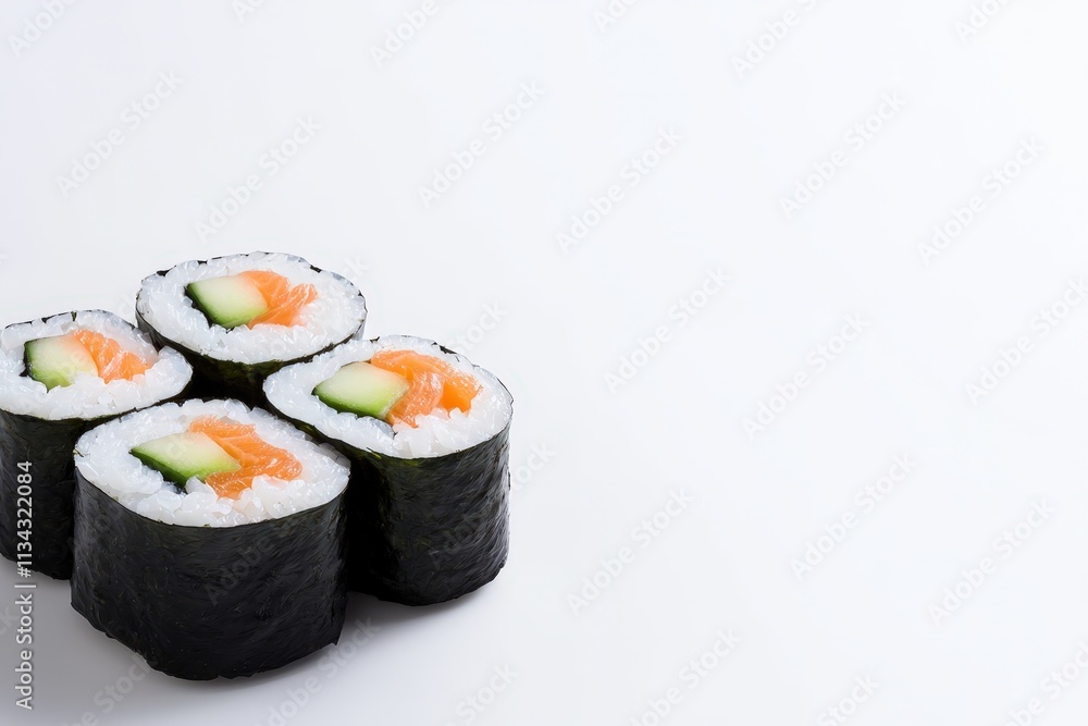 Clean and beautiful sushi roll with fresh ingredients on a white surface Clean and beautiful sushi roll with fresh ingredients on a white surface