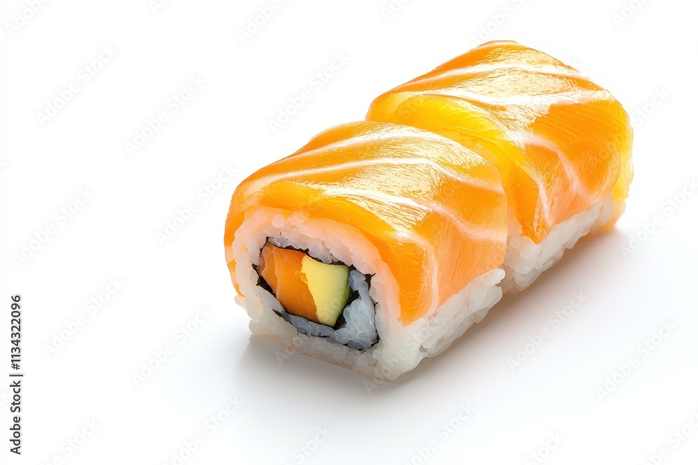 Sushi roll with fresh ingredients on clean white background showcasing culinary art Sushi roll with fresh ingredients on clean white background showcasing culinary art