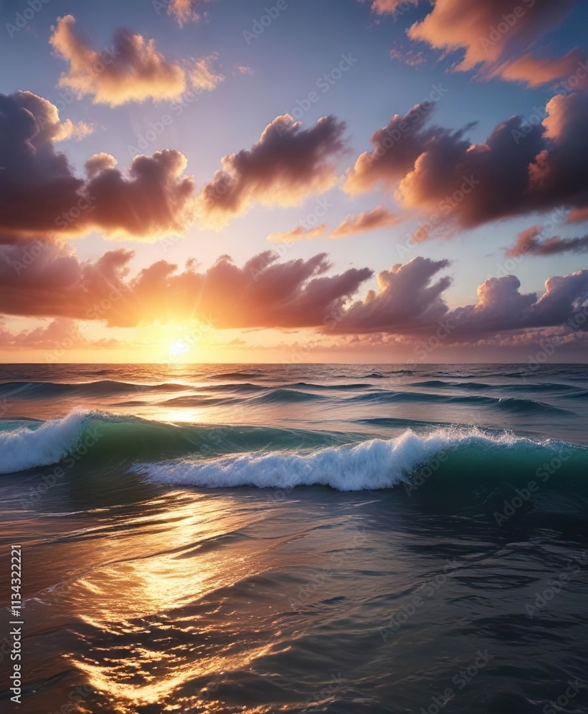 The ocean at sunset with a cloudy sky and waves in the background , cloudy, beautiful The ocean at sunset with a cloudy sky and waves in the background , cloudy, beautiful