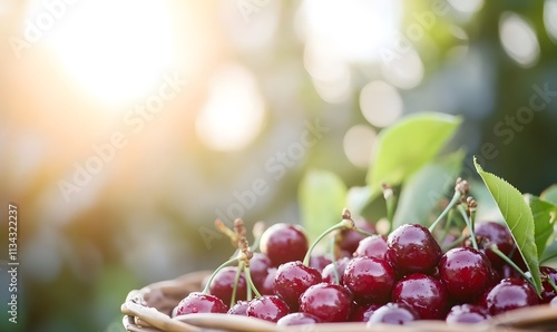 A basket full of ripe, juicy red cherries, Generative AI