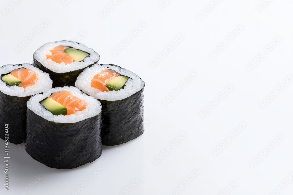 Delicious clean sushi rolls with salmon and cucumber isolated on a white background Delicious clean sushi rolls with salmon and cucumber isolated on a white background