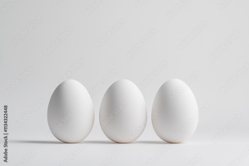 Clean white eggs arranged in a row against a minimalist white background Clean white eggs arranged in a row against a minimalist white background