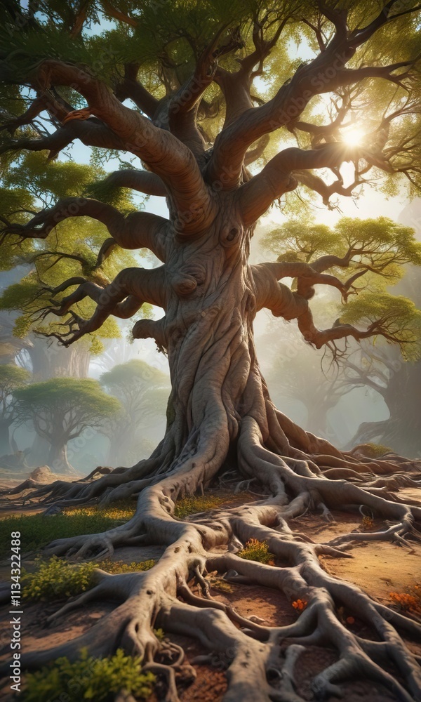 Ancient tree with a sprawling network of roots , roots, brown, rugged