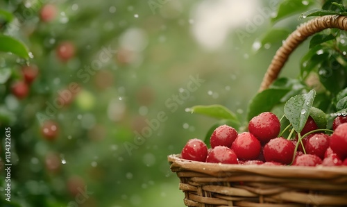 A basket full of ripe, juicy red cherries, Generative AI