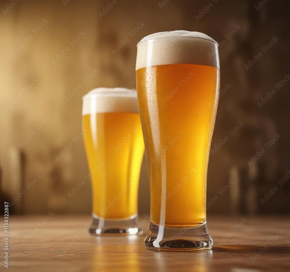 Tall glass of golden beer with a hint of foam, fizzy drink, lager, ale Tall glass of golden beer with a hint of foam, fizzy drink, lager, ale