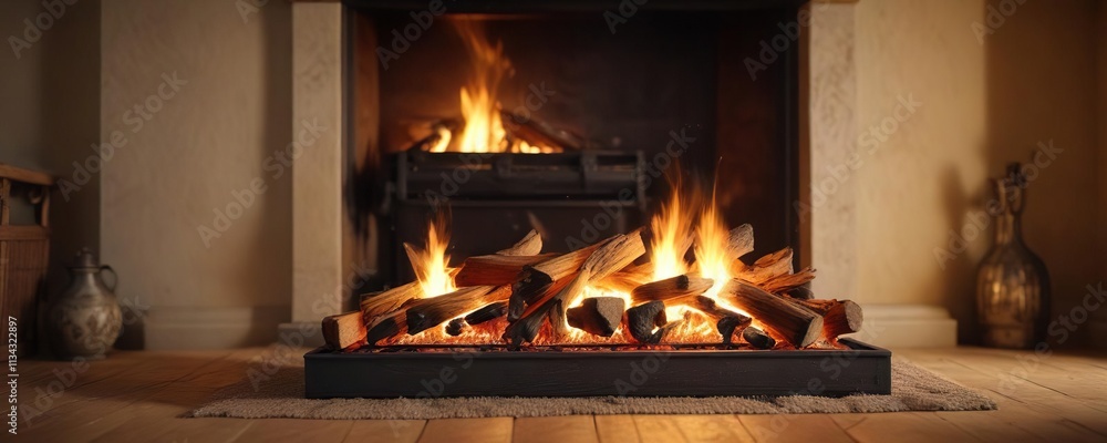 Warm fireplace with crackling flames and soft, golden light , cozy, cabin Warm fireplace with crackling flames and soft, golden light , cozy, cabin
