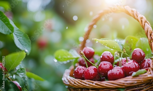 A basket full of ripe, juicy red cherries, Generative AI