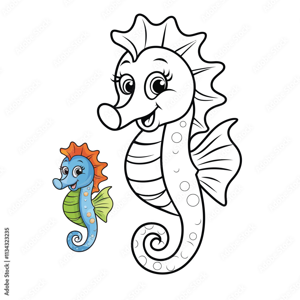 Seahorse, friendly and inviting expression, cartoonish style, simple outlines, black and white, line art, child-friendly coloring book page, whimsical and playful, ocean theme, sea life Seahorse, friendly and inviting expression, cartoonish style, simple outlines, black and white, line art, child-friendly coloring book page, whimsical and playful, ocean theme, sea life
