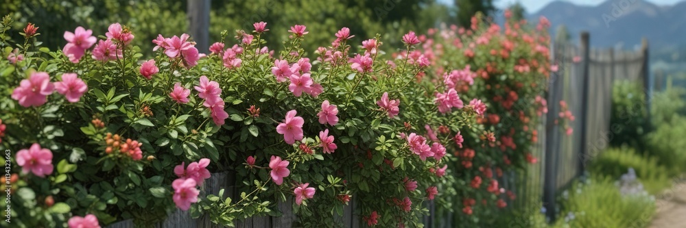 Beautifully bloomed rose hip bush near the fence line, with pink flowers, flowering hedges, shrub garden, landscaping feature Beautifully bloomed rose hip bush near the fence line, with pink flowers, flowering hedges, shrub garden, landscaping feature
